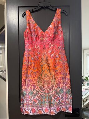 Nanette Lepore Pink & Orange Floral Print V-Neck Midi Dress